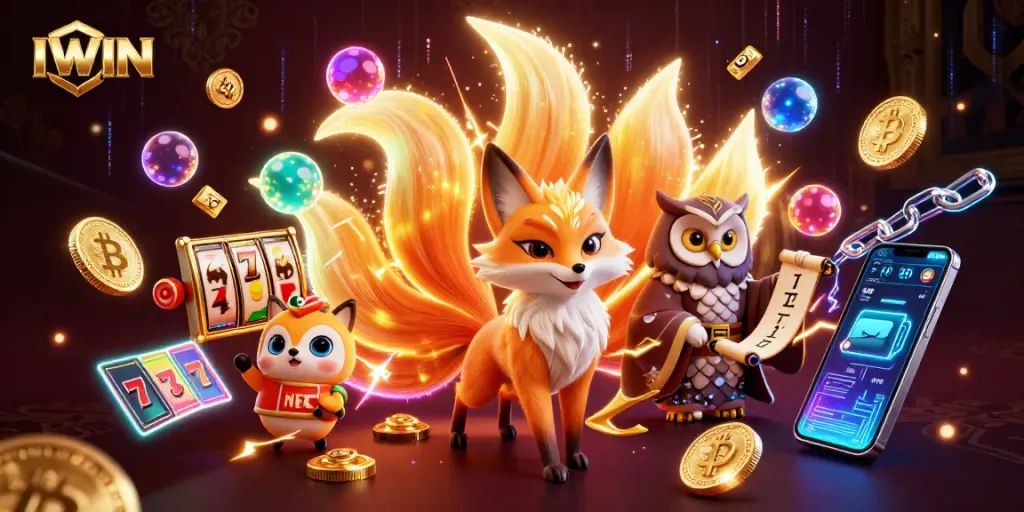 Spin the reels at IWIN's vibrant online casino with magical characters and crypto elements.