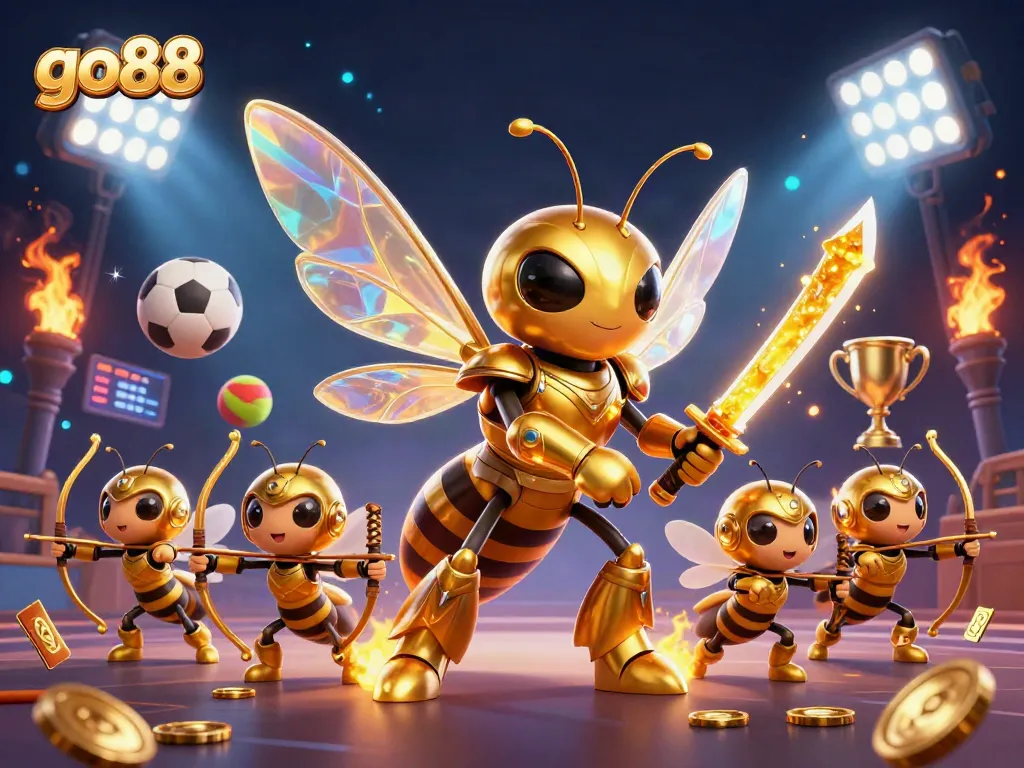 Engage with go88's thrilling gameplay as a golden hornet warrior leads bee archers into action.