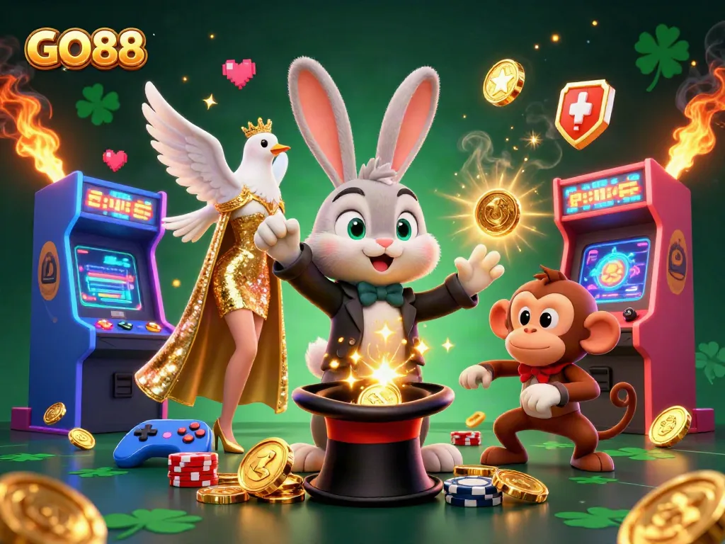 Experience the thrill of GO88 with a rabbit magician pulling coins, dove assisting, and monkey stealing poker chips in a lively casino atmosphere.