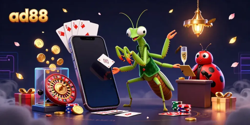 Engage with ad88's vibrant gameplay scene showcasing a mantis card sharp and ladybug pit boss in action.