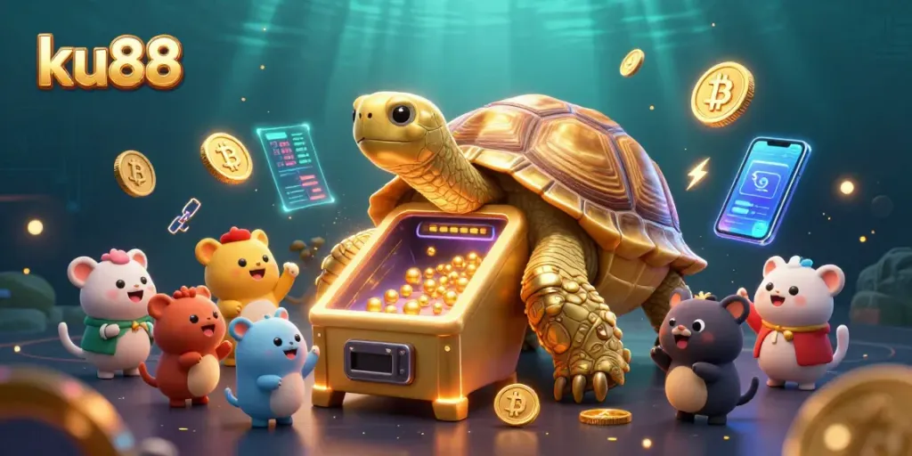 Experience thrilling gameplay at ku88 with excited characters around a golden tortoise pinball machine.