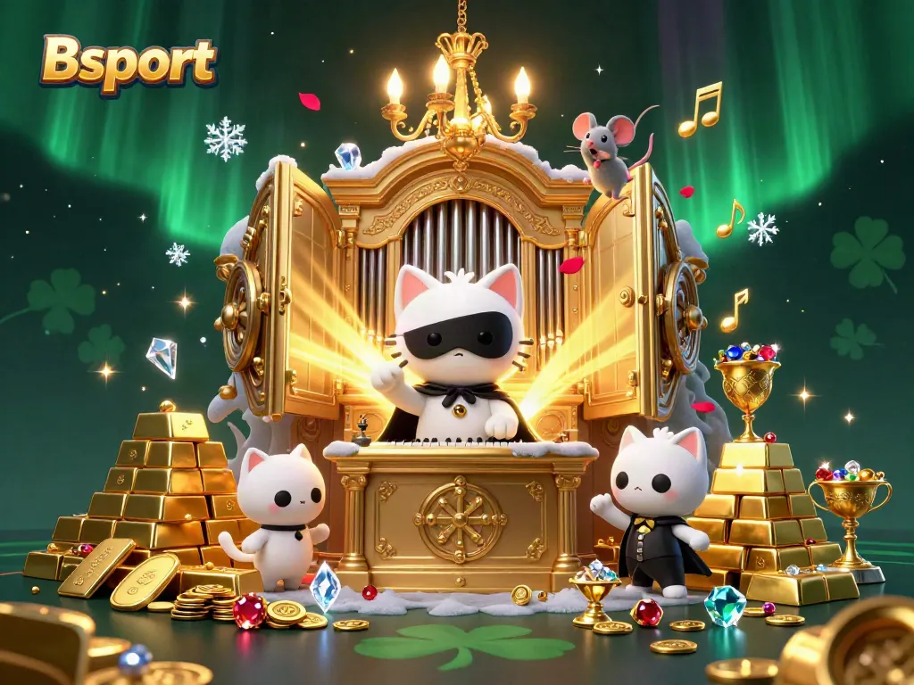 Experience Bsport's vibrant casino scene with a whimsical masked cat, treasures, and dynamic elements.