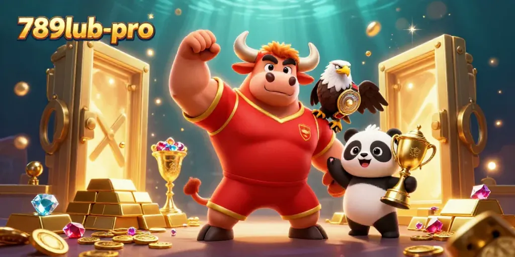 Engage with thrilling gaming action at 789lub-pro, featuring vibrant casino mascots and dazzling treasures.