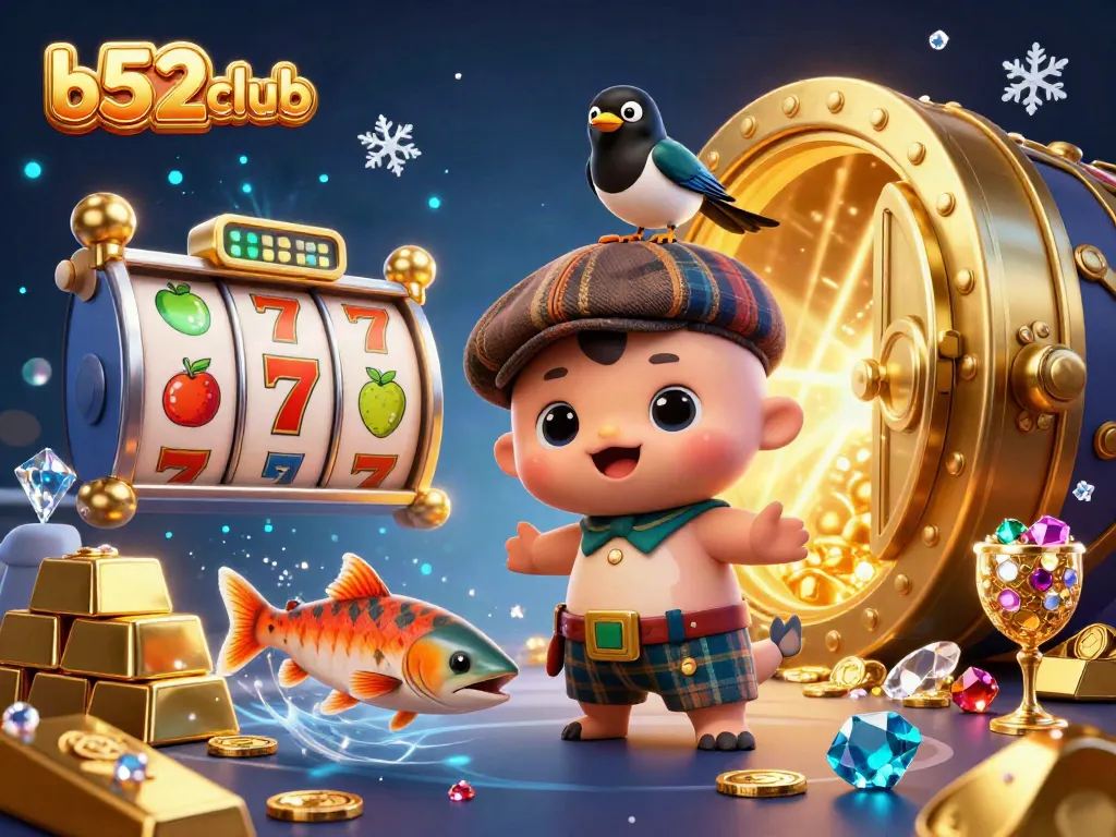 b52club captures a fun casino scene with baby Nessie and gold treasures while playing slots.