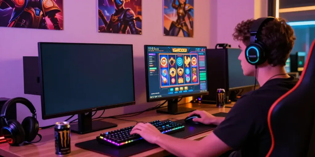 Engaged gamer enjoying slot gacor hari ini on a high-resolution monitor in vibrant gaming setup.