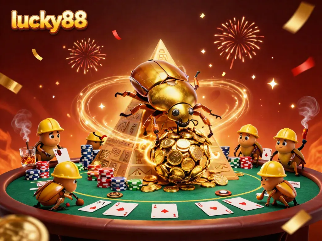 Experience the excitement of lucky88 as a golden beetle rolls coins amidst vibrant casino elements.