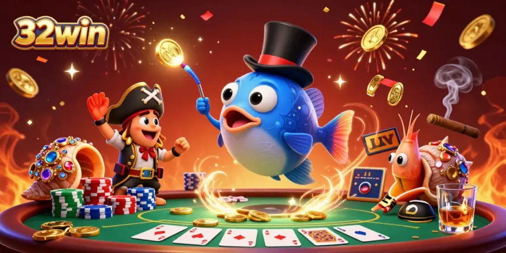 Experience 32win with thrilling gaming action featuring vibrant characters and exciting poker elements.