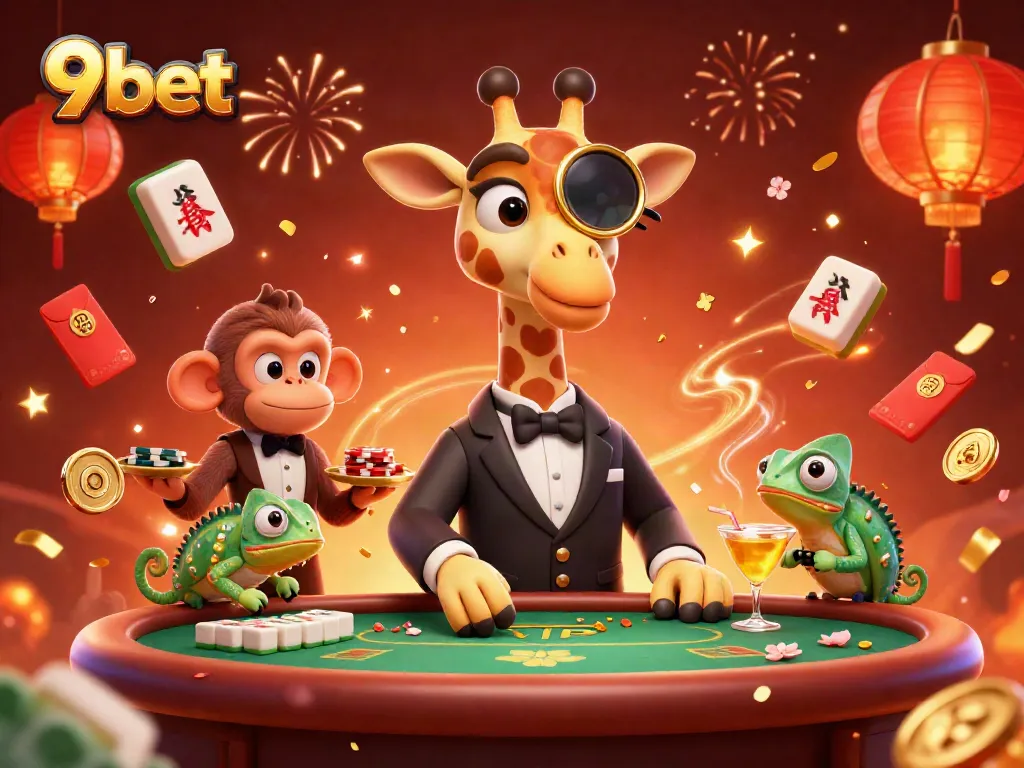 Experience premium gaming at 9bet with vibrant casino characters and festive elements.