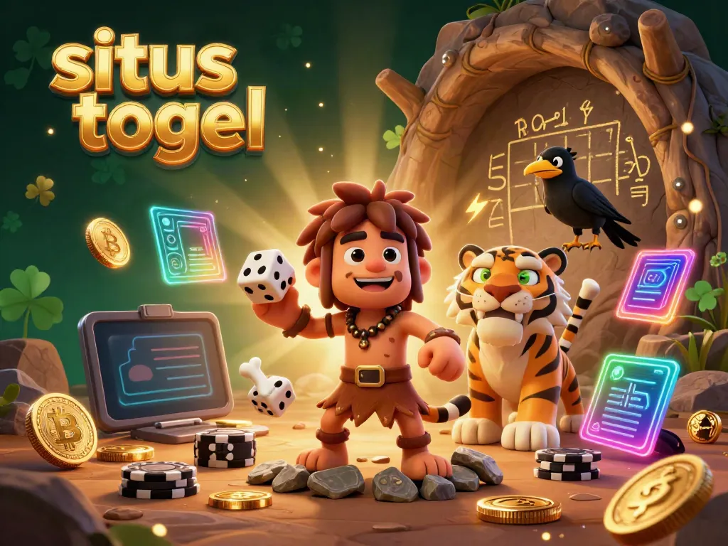Experience situs togel excitement with a prehistoric casino scene featuring a caveman duo, a sabertooth tiger, and a clever crow.