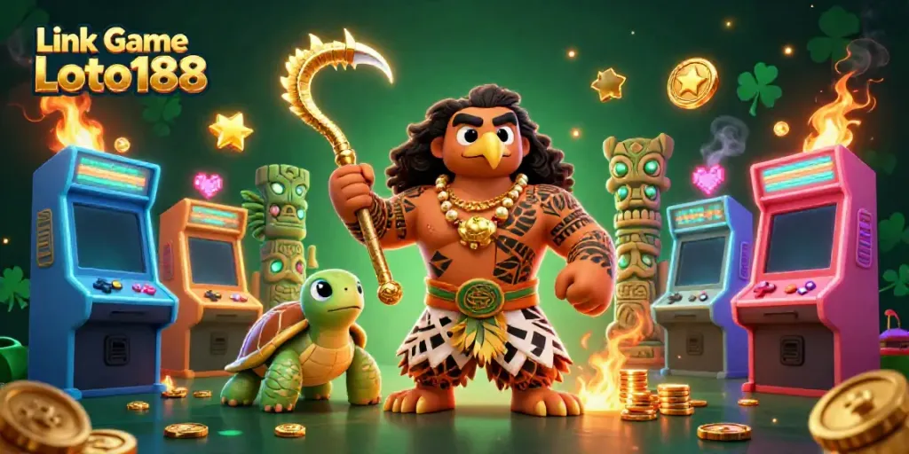 Engage with Link Game Loto188 through a vibrant 3D scene filled with dynamic casino elements and characters.