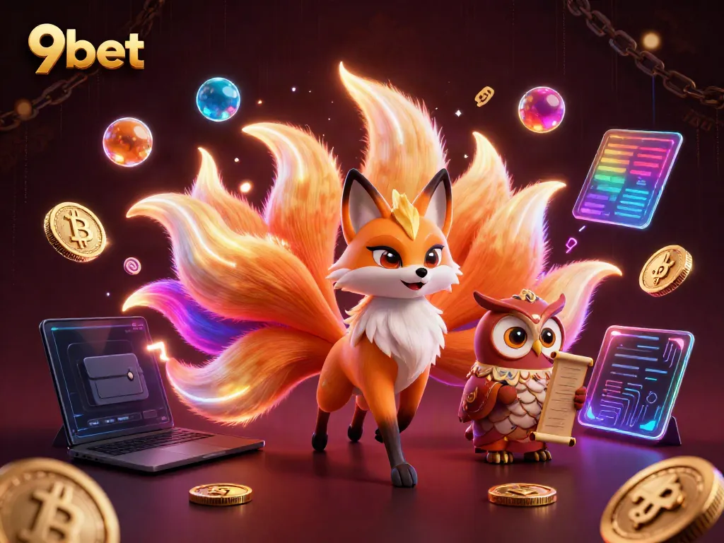 Experience thrilling gameplay at 9bet with a vibrant 3D illustration featuring a nine-tailed fox.