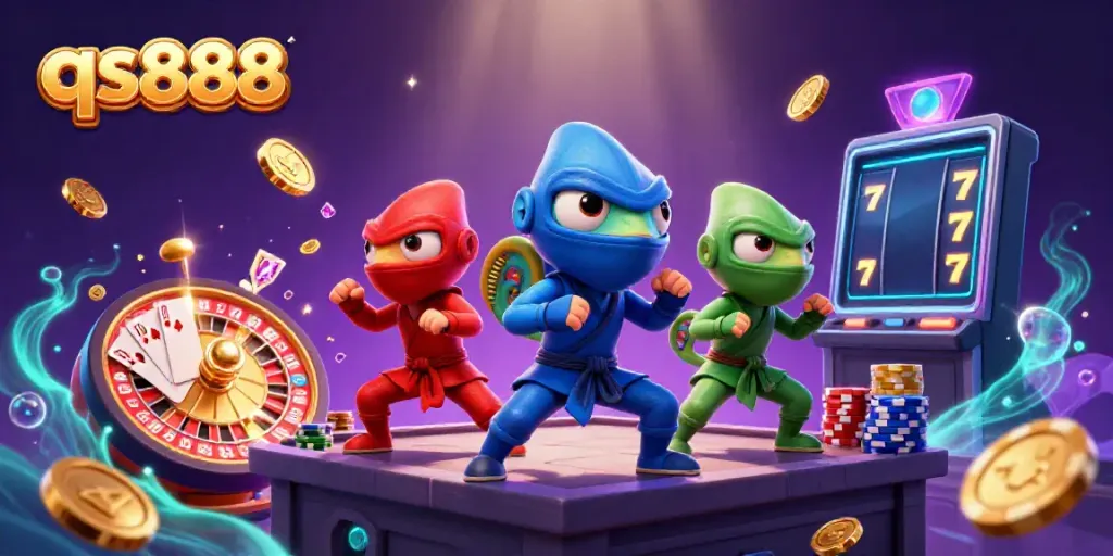 Experience the thrill of qs888 with vibrant 3D ninja chameleons and dynamic casino elements.