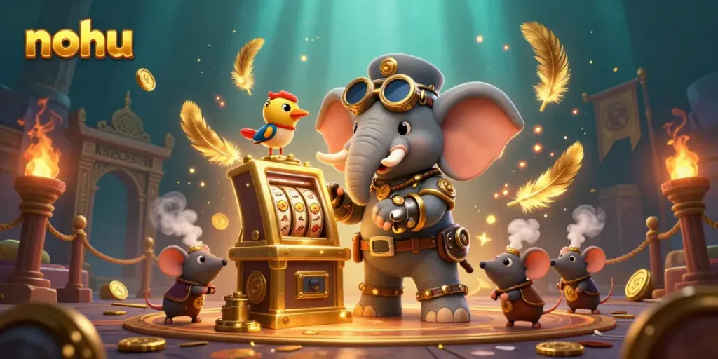 Engaging scene of nohu, a steampunk elephant operating a slot machine in a vibrant casino atmosphere.