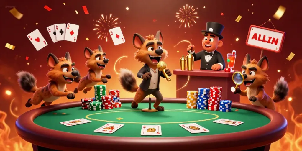 Experience the vibrant comedy club scene at 789lub-pro featuring hyenas performing and engaging in lively casino activities.
