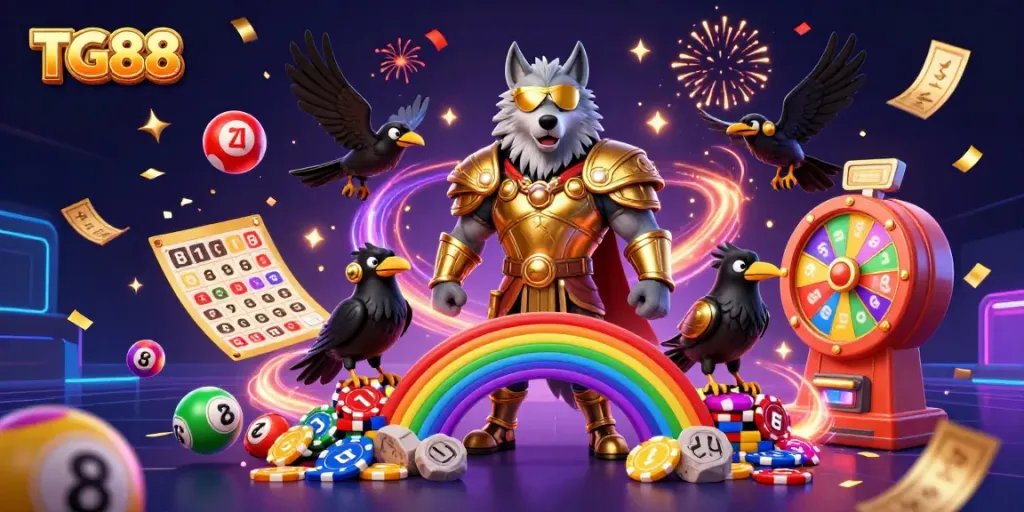 Experience vibrant gaming action with TG88, featuring Norse mythological characters amidst colorful casino elements.