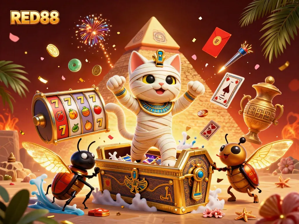 Experience the excitement of RED88 with a vibrant scene featuring a magical mummy cat at a lively casino.