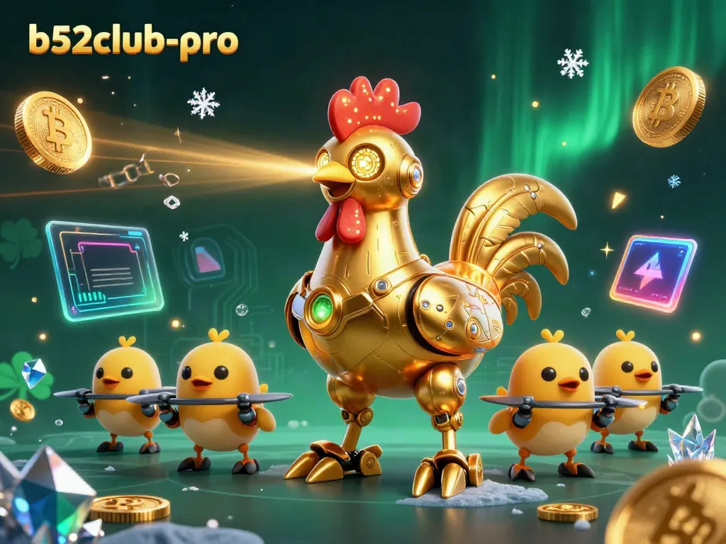 Engage with the b52club-pro casino scene showcasing a golden rooster robot amid crypto elements