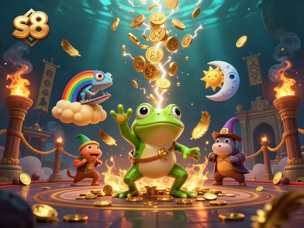 Experience a vibrant casino adventure with s8, featuring a whimsical wizard frog and colorful characters.