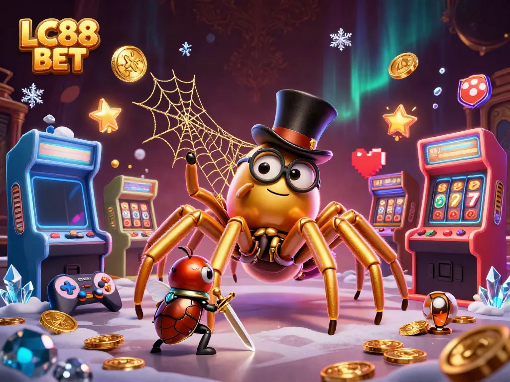 Experience exciting gaming with LC88 BET as a giant golden tarantula weaves a golden web in a vibrant casino.