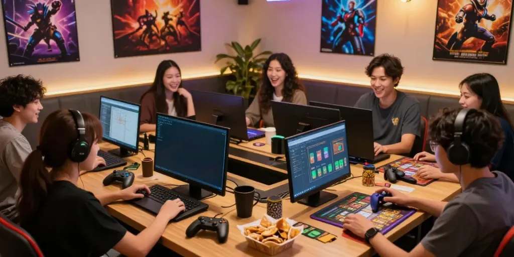 Kilat404 gaming community actively engaging in multiplayer games in a vibrant lounge.