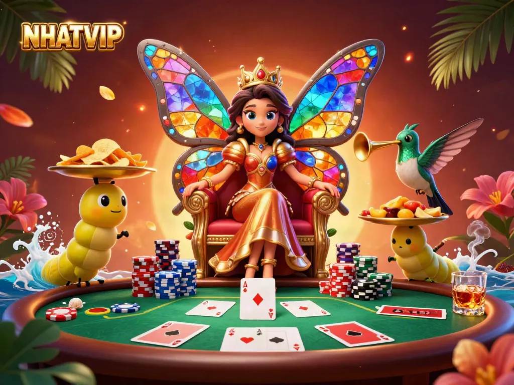 Engage with NHATVIP in vibrant casino action featuring a whimsical butterfly queen and dynamic gameplay elements.